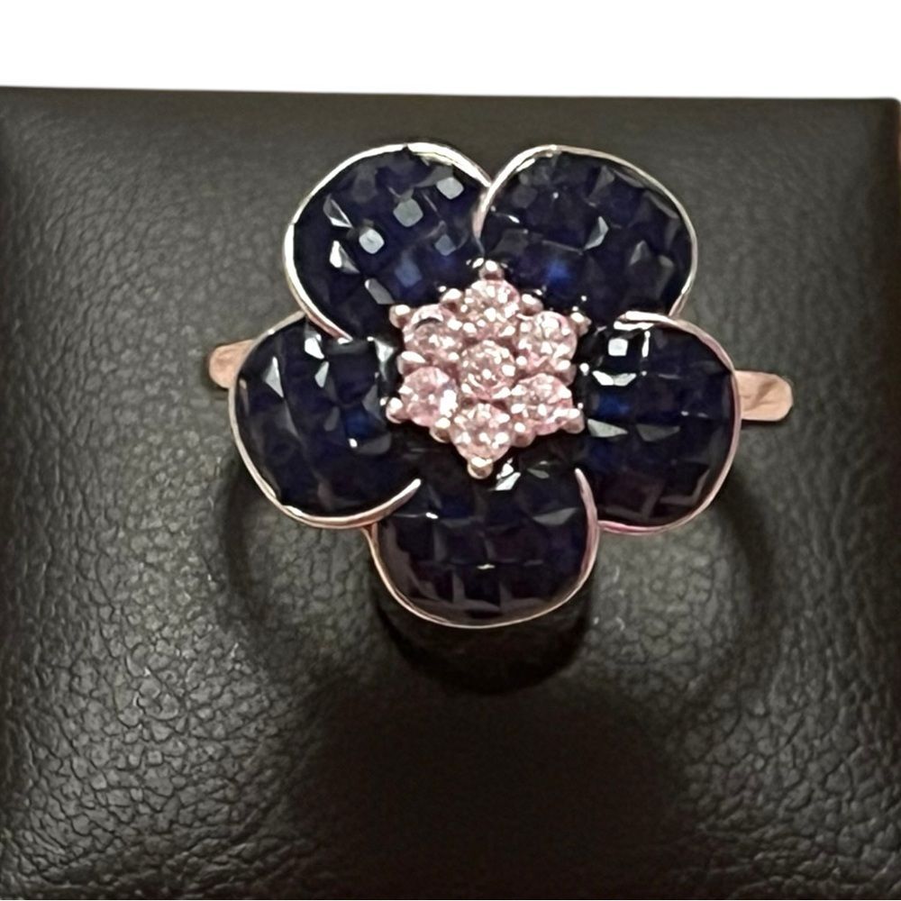 Elegant Blue And White Cubic Zirconia Floral 925 Sterling Silver Ring Size 7